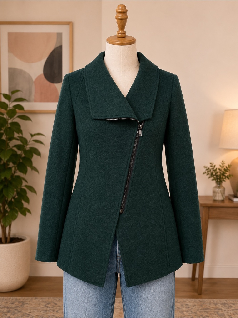Wool Blend Halogen Petite L Emerald Green Asymmetrical Zip Moto Coat